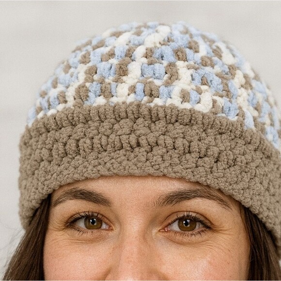 Crochet Handmade Hat/Beanie Brown Taupe Cream Blue Extra Large Warm Cozy Comfy S - Picture 1 of 6